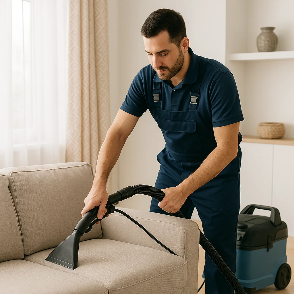 عامل تنظيف محترف من شركة تنظيف كنب بالكويت يستخدم جهاز بخار لتنظيف كنبة قماشية في غرفة معيشة مضاءة طبيعياً في الكويت
