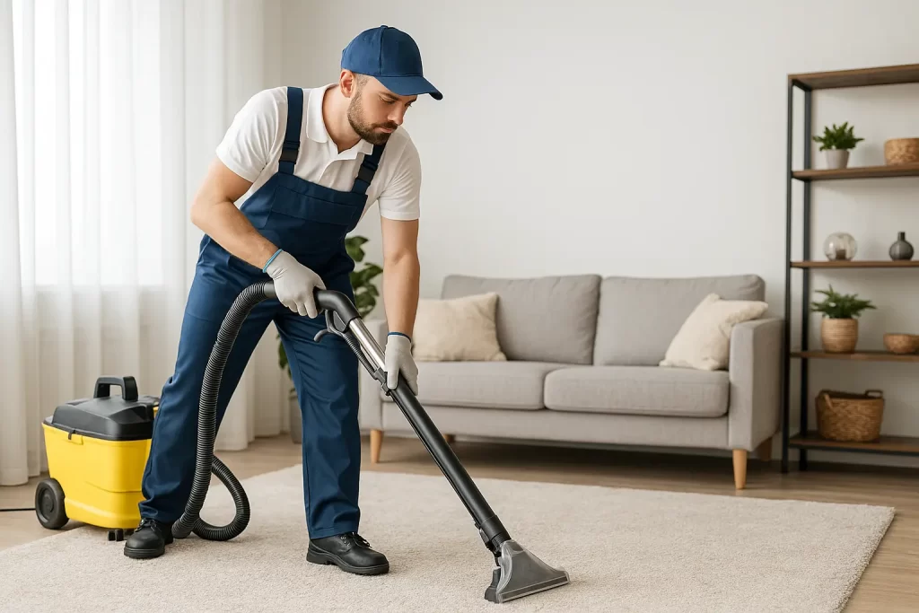 عامل محترف ينظف السجاد بجهاز بخار حديث في غرفة معيشة بالكويت – خدمة غسيل سجاد احترافية.