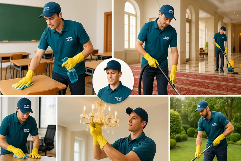 عمال شركة هوم كلين افضل شركة تنظيف منازل بالكويت يقدمون خدمات تنظيف متنوعة تشمل المدارس، المساجد، المكاتب، الفنادق، تنظيف النجف، والعناية بالحدائق، بزي موحد ومعدات احترافية.
