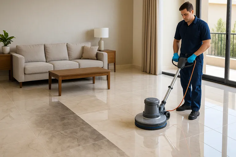 عامل من شركة تنظيف أرضيات بالكويت يستخدم ماكينة جلي حديثة لتنظيف الرخام بفرق واضح قبل وبعد التنظيف.