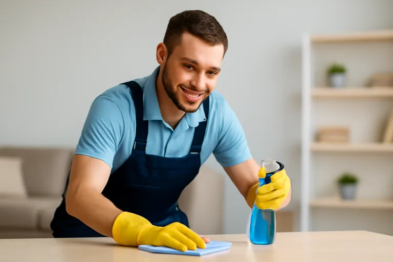 عامل تنظيف محترف من شركة تنظيف الأحمدي مبتسم في زي العمل يرتدي قفازات صفراء وهو يمسح سطح طاولة في بيئة منزلية مرتبة، مع استخدام زجاجة منظف وأداة مسح.